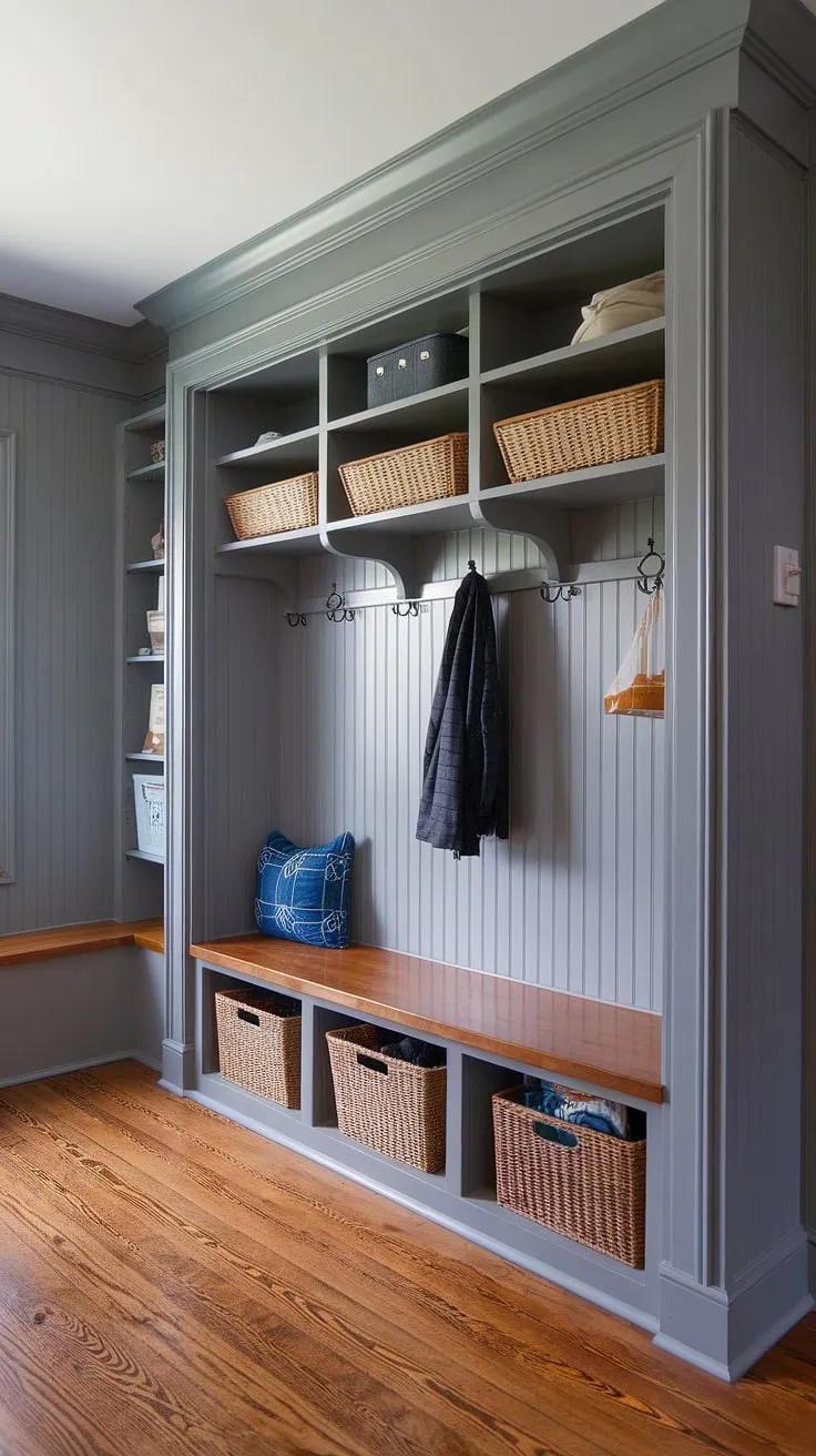 This light-filled cottage style mudroom showcases the beauty of gray beadboard.  Clever mudroom storage, from the built-in bench to the overhead shelves, keeps this mudroom entry clutter-free.  Get inspired by this mudroom decor and discover your own mudroom ideas for a practical and stylish home.