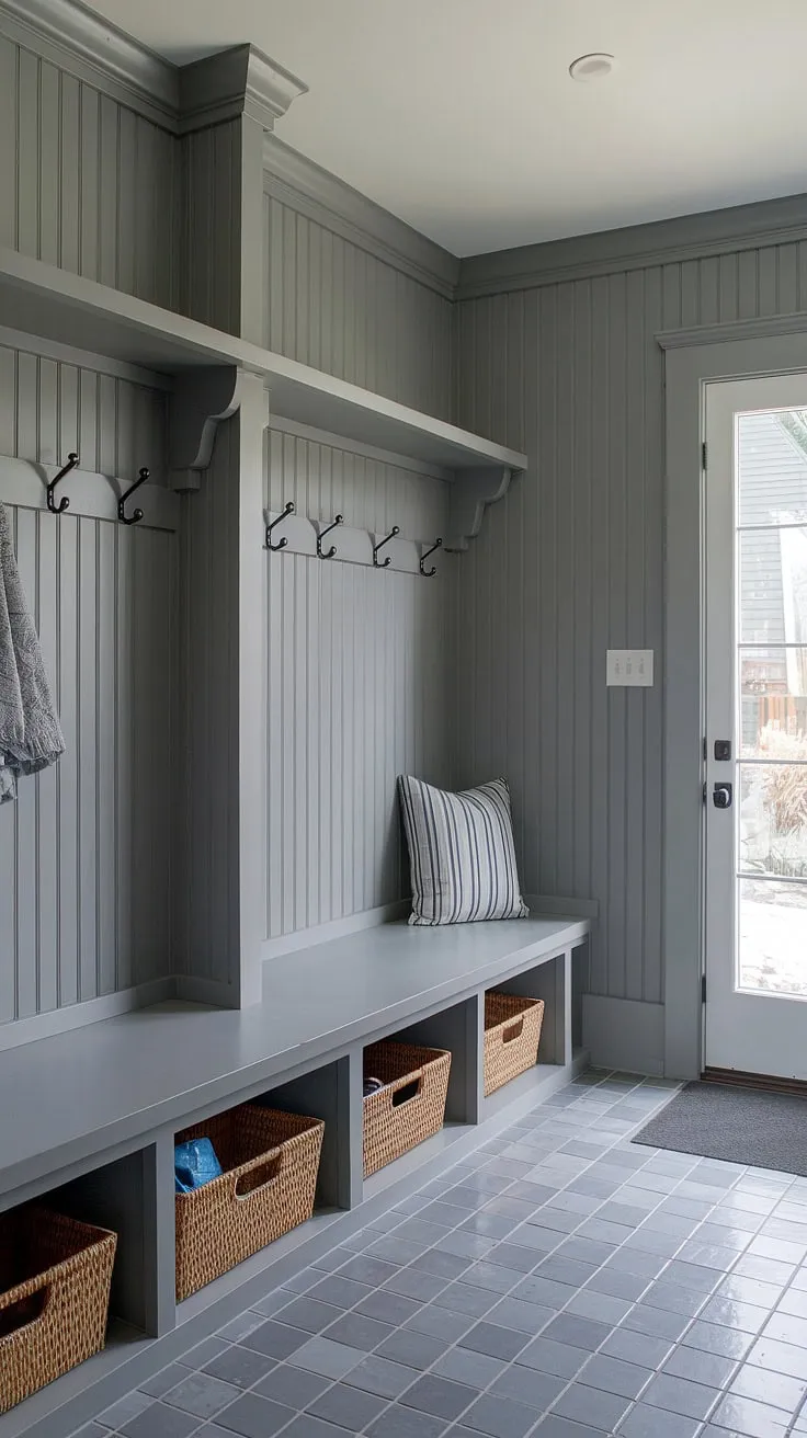This gray mudroom is the epitome of cottage style.  Gray beadboard adds texture and warmth to this inviting mudroom entry, while thoughtful mudroom decor and smart mudroom storage solutions make it both beautiful and practical.  Plenty of mudroom ideas to inspire your own design.