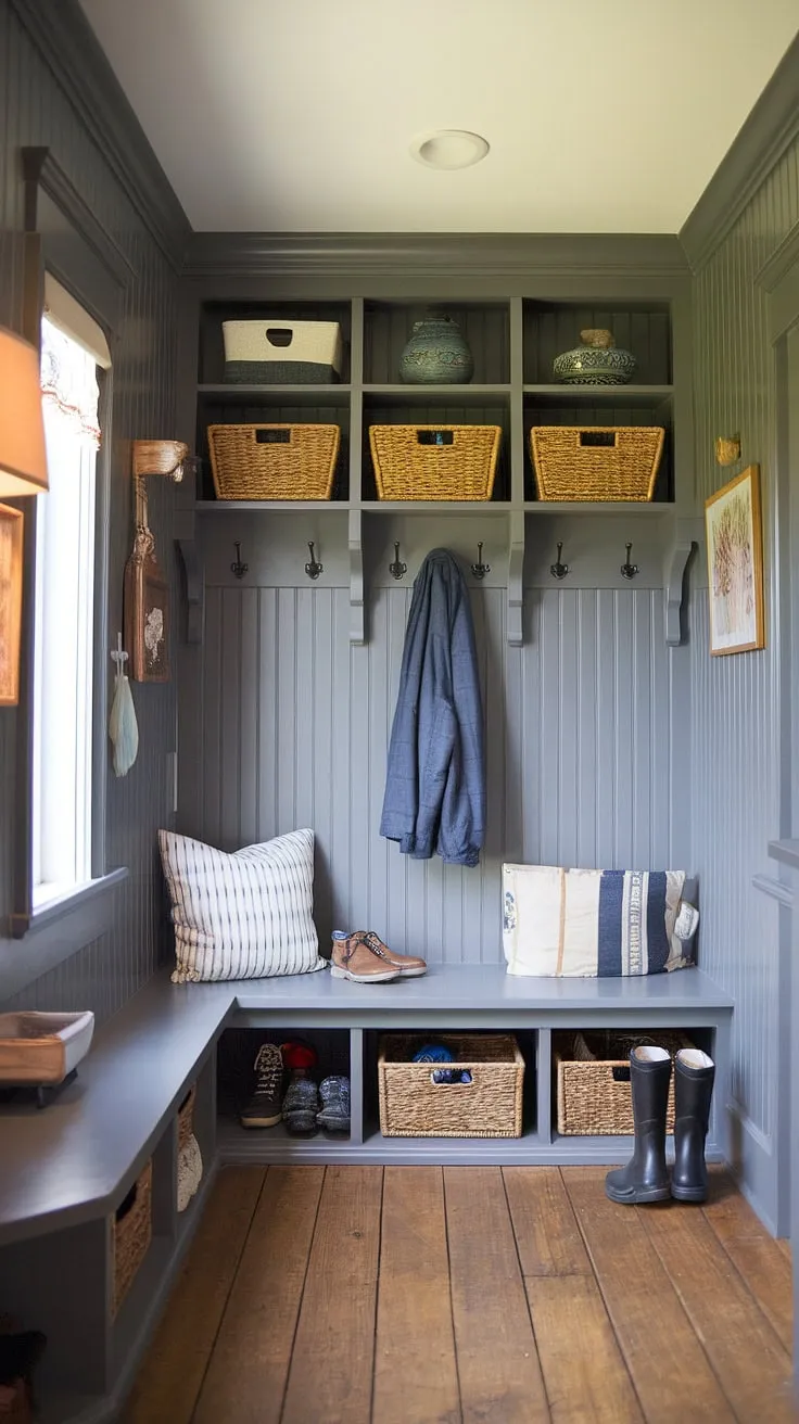This gray mudroom is the epitome of cottage style.  Gray beadboard adds texture and warmth to this inviting mudroom entry, while thoughtful mudroom decor and smart mudroom storage solutions make it both beautiful and practical.