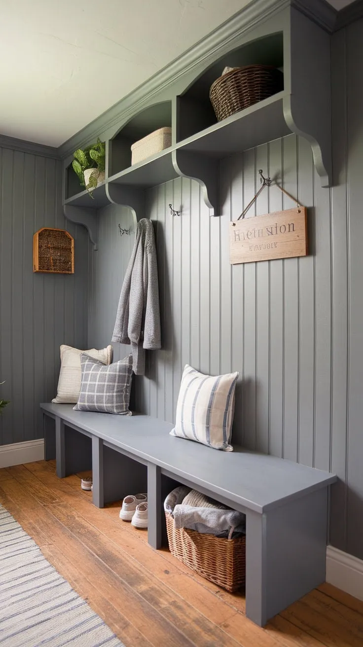 Step into this charming cottage mudroom, where gray beadboard walls and a cozy gray mudroom bench create the perfect blend of style and functionality.  The beadboard trim adds a touch of cottage style, while ample mudroom storage keeps everything organized. This mudroom entry is brimming with mudroom ideas, proving that practicality and beauty can coexist.