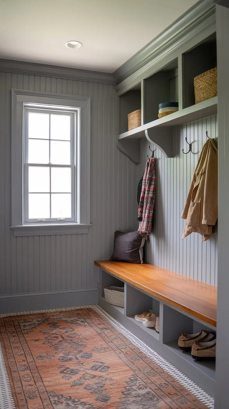 This gray mudroom is the epitome of cottage style.  Gray beadboard adds texture and warmth to this inviting mudroom entry, while thoughtful mudroom decor and smart mudroom storage solutions make it both beautiful and practical.