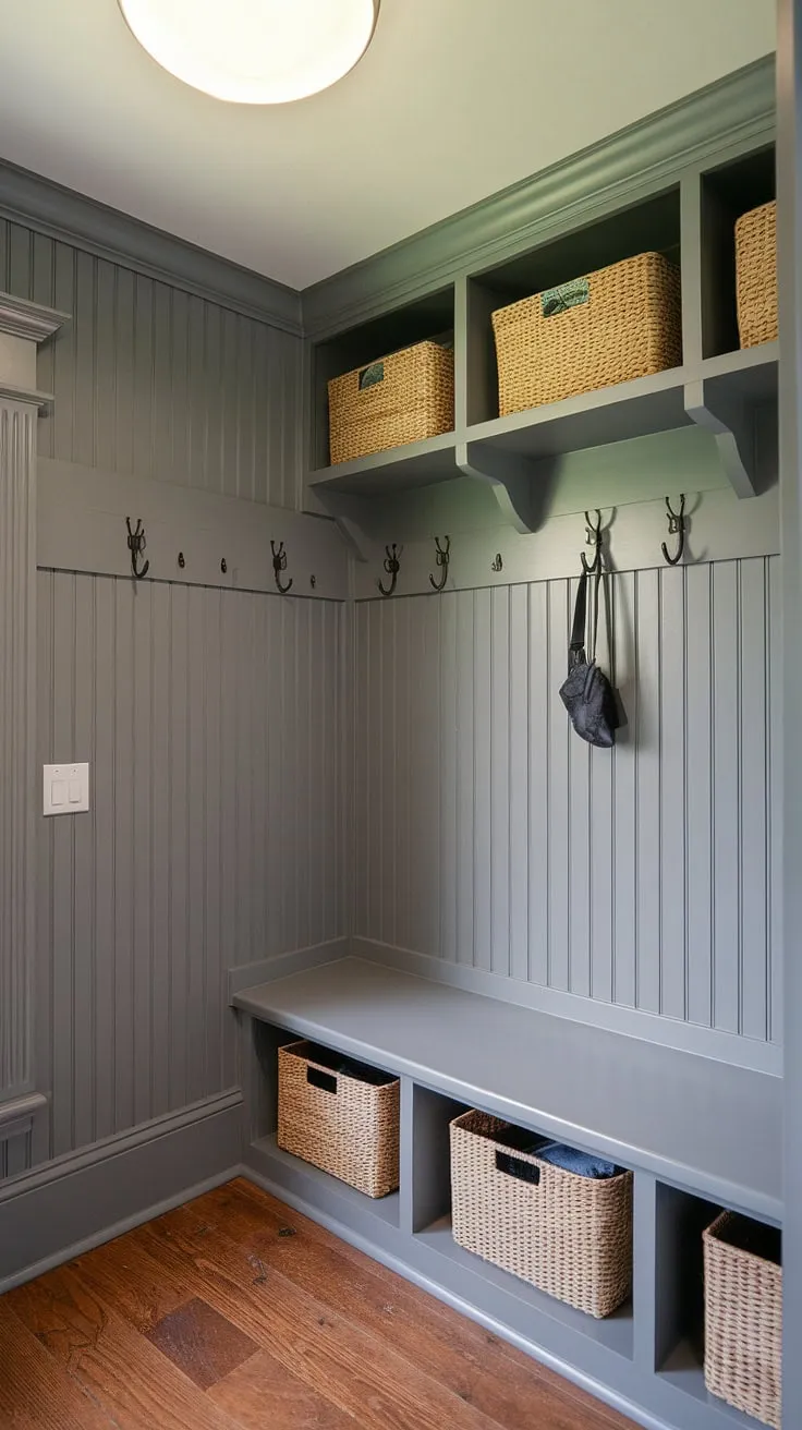 Step into this charming cottage mudroom, where gray beadboard walls and beadboard trim create a cozy and organized entryway.  The cottage style mudroom offers ample mudroom storage, showcasing clever mudroom ideas for a functional and stylish space.