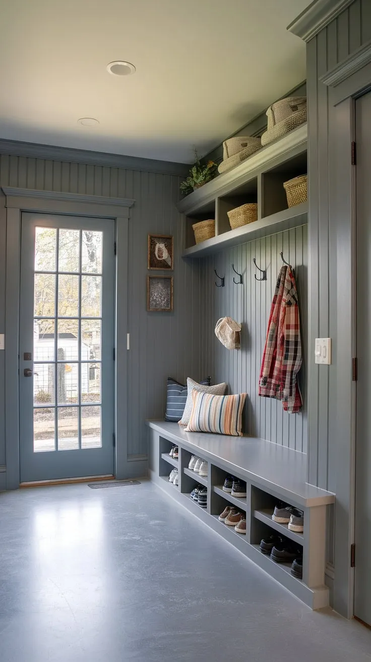 Step into this charming cottage mudroom, where gray beadboard walls and beadboard trim create a cozy and organized entryway.  The cottage style mudroom offers ample mudroom storage, showcasing clever mudroom ideas for a functional and stylish space.  This gray mudroom is the perfect blend of practicality and cottage charm.