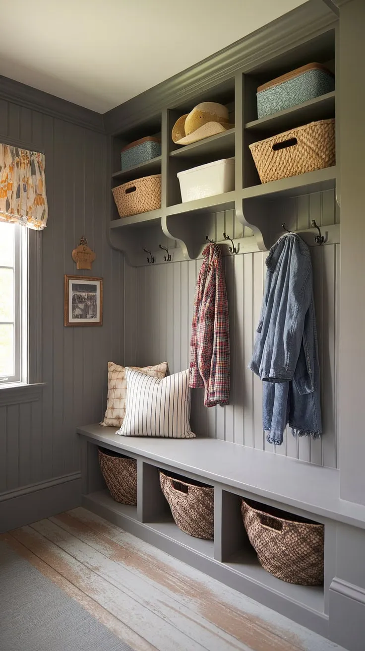 Step into this charming cottage mudroom, where gray beadboard walls and beadboard trim create a cozy and organized entryway.  The cottage style mudroom offers ample mudroom storage, showcasing clever mudroom ideas for a functional and stylish space.  This gray mudroom is the perfect blend of practicality and cottage charm.