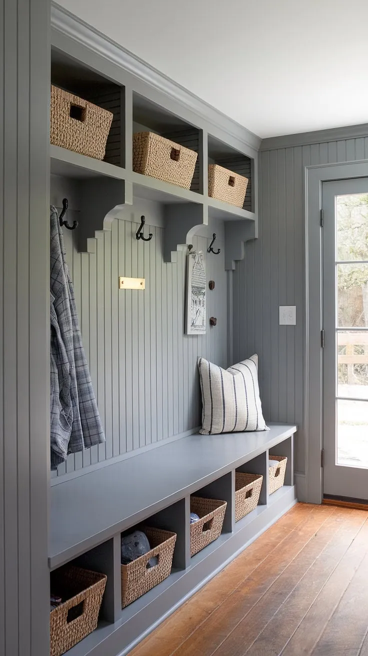 Step into this charming cottage mudroom, where gray beadboard walls and beadboard trim create a cozy and organized entryway.  The cottage style mudroom offers ample mudroom storage, showcasing clever mudroom ideas for a functional and stylish space.