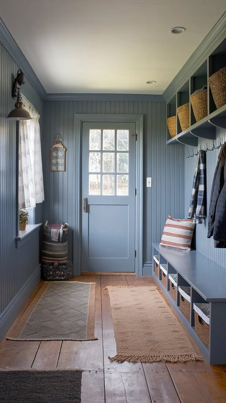 This gray mudroom showcases the beauty of cottage style mudroom design.  The gray beadboard and beadboard trim add a touch of elegance, while the built-in bench and ample storage provide the ultimate mudroom storage.  Get inspired by this mudroom decor and discover clever mudroom ideas for your own cottage mudroom entry.