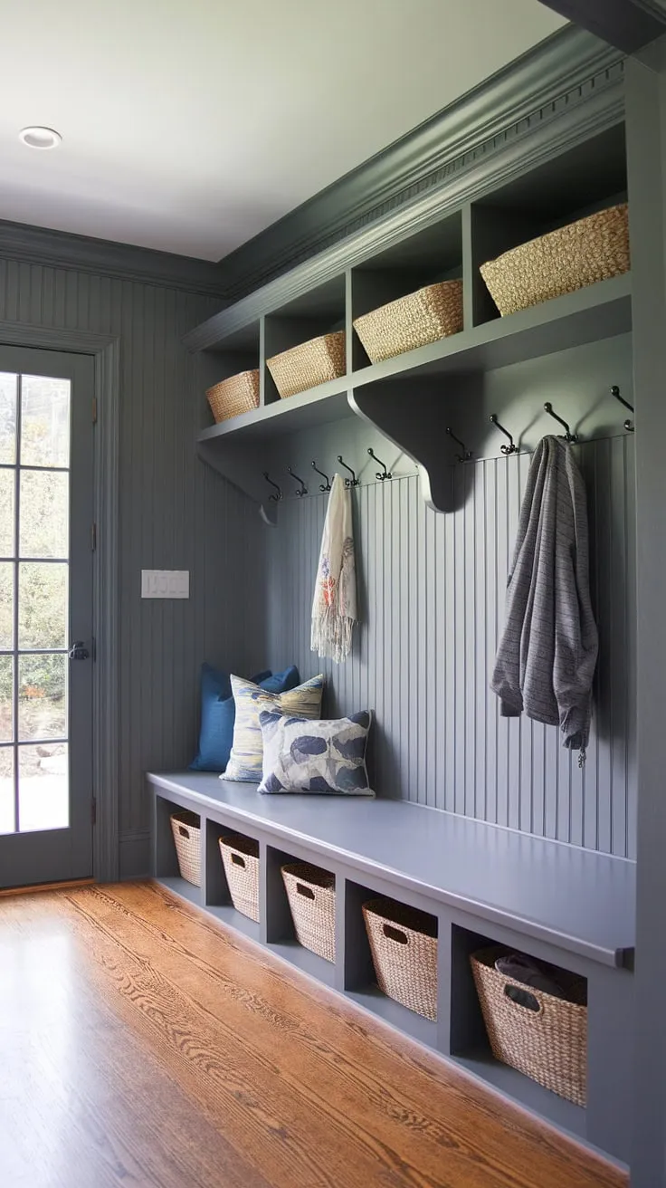 Step into this charming cottage mudroom, where gray beadboard walls and beadboard trim create a cozy and organized entryway.  The cottage style mudroom offers ample mudroom storage, showcasing clever mudroom ideas for a functional and stylish space.