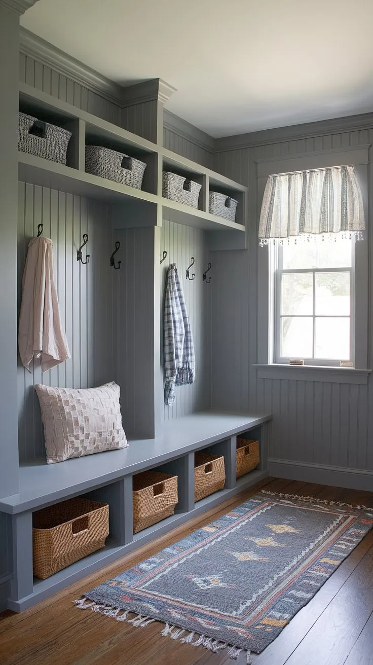 This gray mudroom showcases the best of cottage style mudroom design.  Gray beadboard adds texture and charm to this functional mudroom entry, while the built-in bench with storage baskets provides ample mudroom storage.  Get inspired by these mudroom ideas for your own home – a perfect blend of practicality and cottage charm.