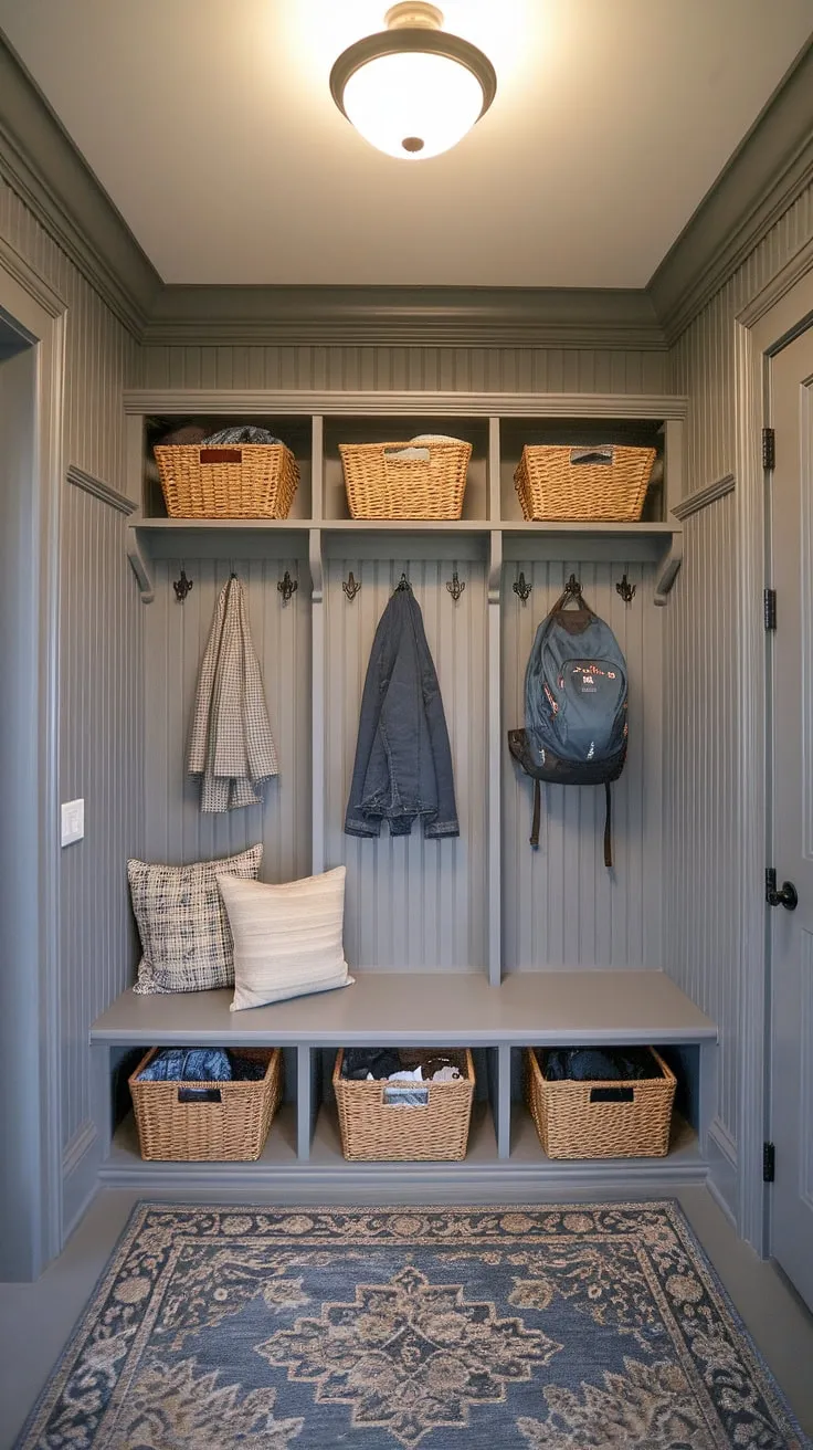 Step into this charming cottage mudroom, where gray beadboard walls and beadboard trim create a cozy and organized entryway.  The cottage style mudroom offers ample mudroom storage, showcasing clever mudroom ideas for a functional and stylish space.