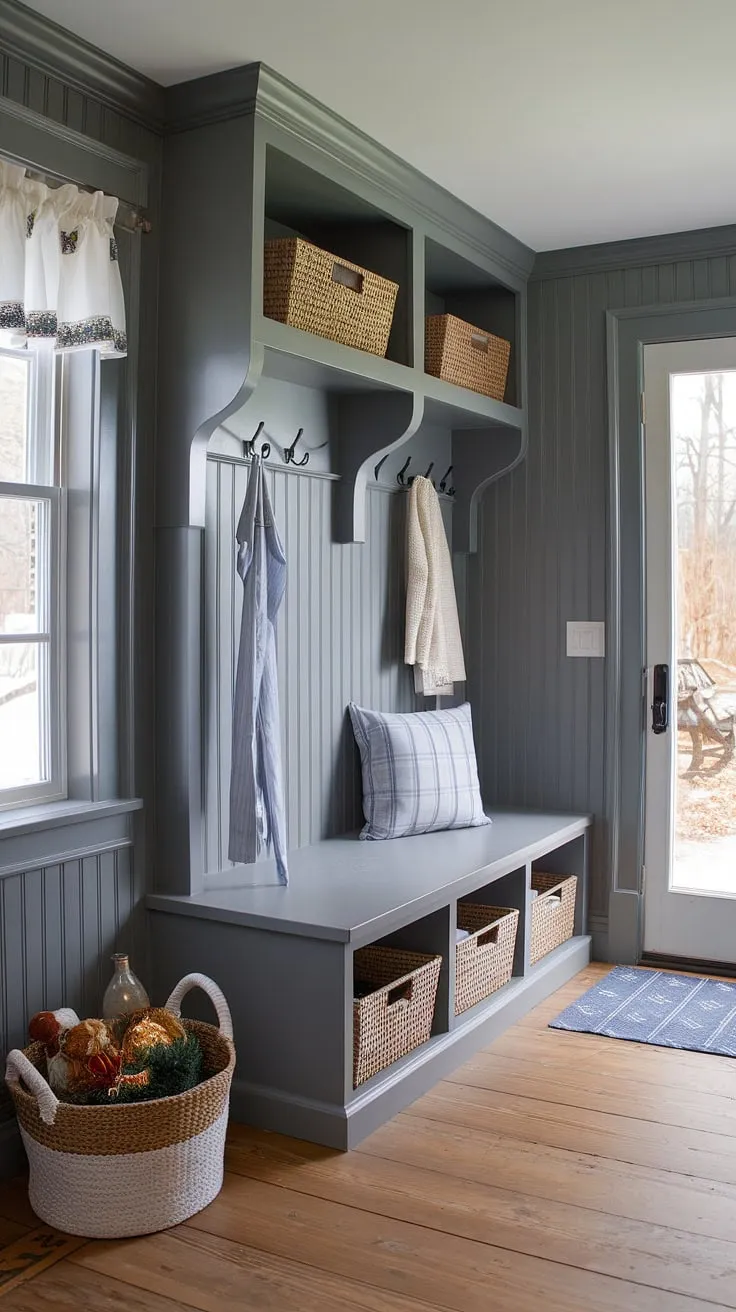 Step into this charming cottage mudroom, where gray beadboard walls and beadboard trim create a cozy and organized entryway.  The cottage style mudroom offers ample mudroom storage, showcasing clever mudroom ideas for a functional and stylish space.