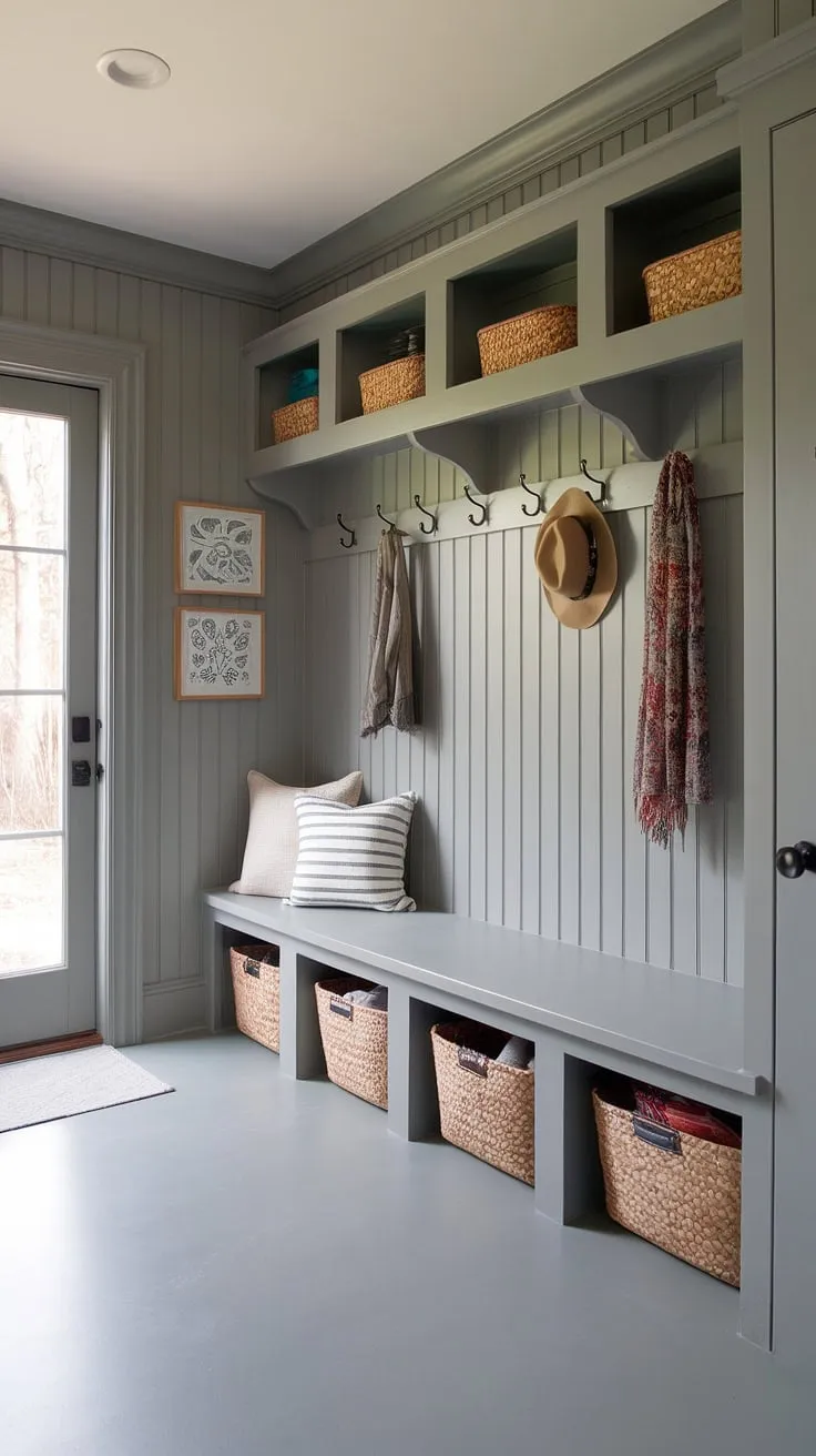 This gray mudroom is the epitome of cottage style mudroom design.  Gray beadboard covers the walls and floor, providing a calming backdrop for the practical mudroom storage solutions.  The bench with storage bins and wall-mounted hooks make this mudroom entry both stylish and functional, offering plenty of mudroom ideas for your own home.