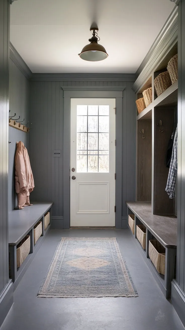 Step into this charming cottage mudroom, where gray beadboard walls and beadboard trim create a cozy and organized entryway.  The cottage style mudroom offers ample mudroom storage, showcasing clever mudroom ideas for a functional and stylish space.