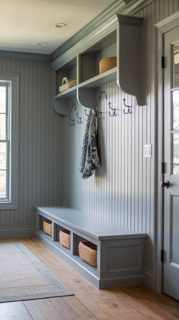 Step into this charming cottage mudroom, where gray beadboard walls and beadboard trim create a cozy and organized entryway.  The cottage style mudroom offers ample mudroom storage, showcasing clever mudroom ideas for a functional and stylish space.  This gray mudroom is the perfect blend of practicality and cottage charm.