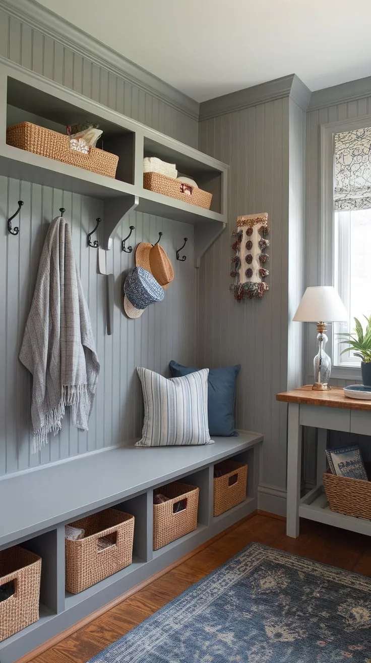 This gray mudroom showcases the beauty of cottage style mudroom design.  Gray beadboard walls and trim add a touch of rustic elegance, while the built-in mudroom storage keeps things tidy.  From the practical bench with baskets to the thoughtfully placed hooks, this mudroom entry is brimming with clever mudroom ideas and mudroom decor.  The perfect blend of function and charm for your cottage mudroom.
