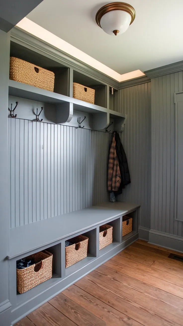 This cottage mudroom design is the epitome of rustic elegance.  Gray beadboard adds texture and warmth to this mudroom entry, while the thoughtful mudroom decor and mudroom storage solutions—like the bench with bins and wall hooks—make it both beautiful and functional.  Get inspired by these mudroom ideas for your own cottage style mudroom.