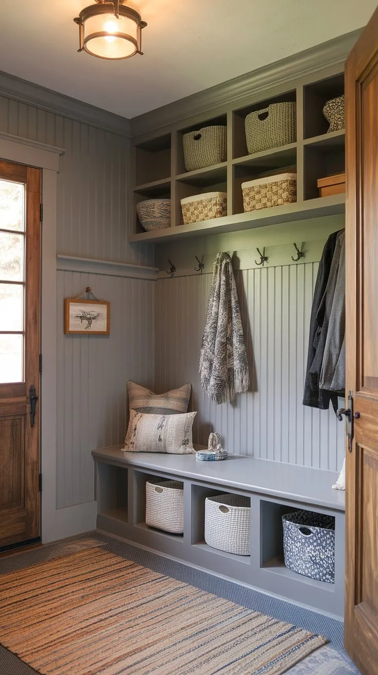 Step into this charming cottage mudroom, where gray beadboard walls and beadboard trim create a cozy and organized entryway.  The cottage style mudroom offers ample mudroom storage, showcasing clever mudroom ideas for a functional and stylish space.