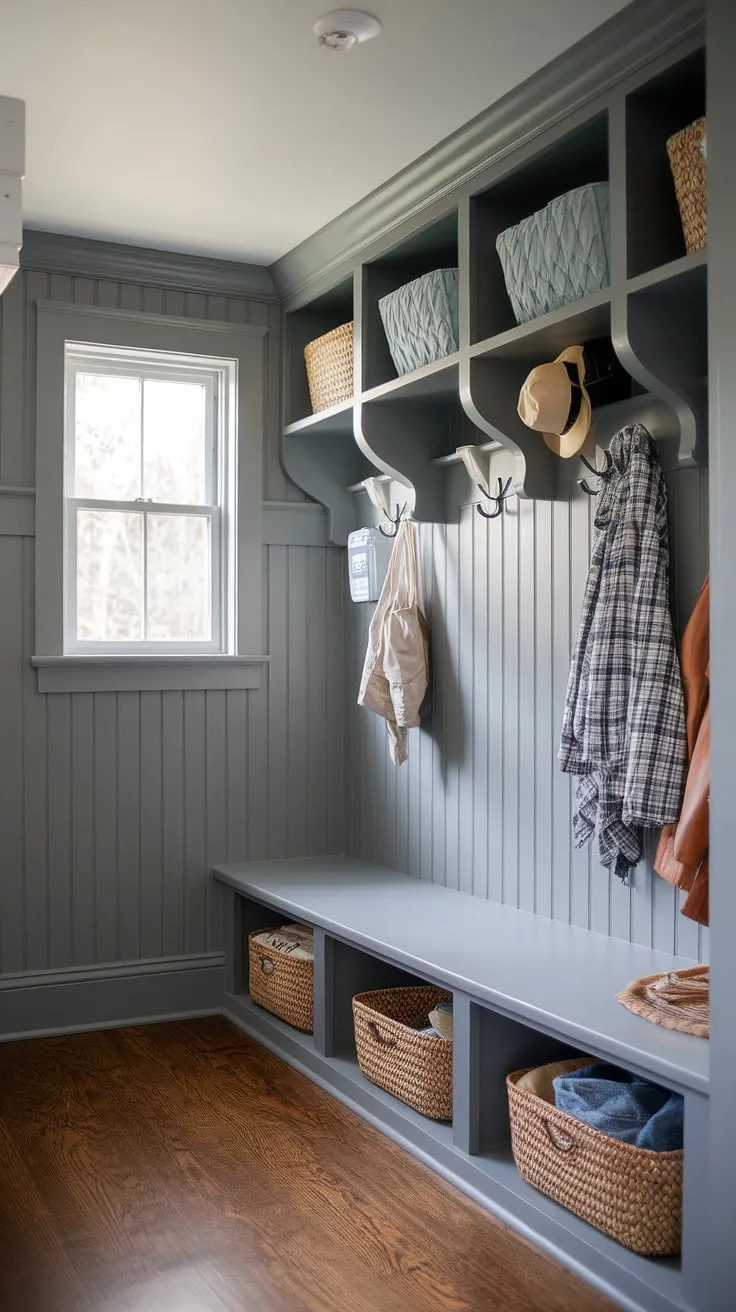 Step into this charming cottage mudroom, where gray beadboard walls and beadboard trim create a cozy and organized entryway.  The cottage style mudroom offers ample mudroom storage, making it the perfect blend of practicality and style.  This gray mudroom showcases clever mudroom decor and inspiring mudroom ideas for your own home.
