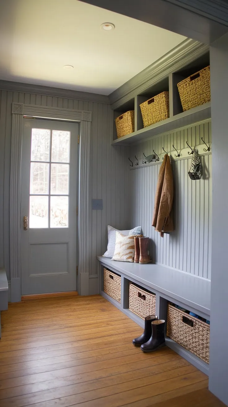 Step into this charming cottage mudroom, where gray beadboard walls and beadboard trim create a cozy and organized entryway.  The cottage style mudroom offers ample mudroom storage, showcasing clever mudroom ideas for a functional and stylish space.