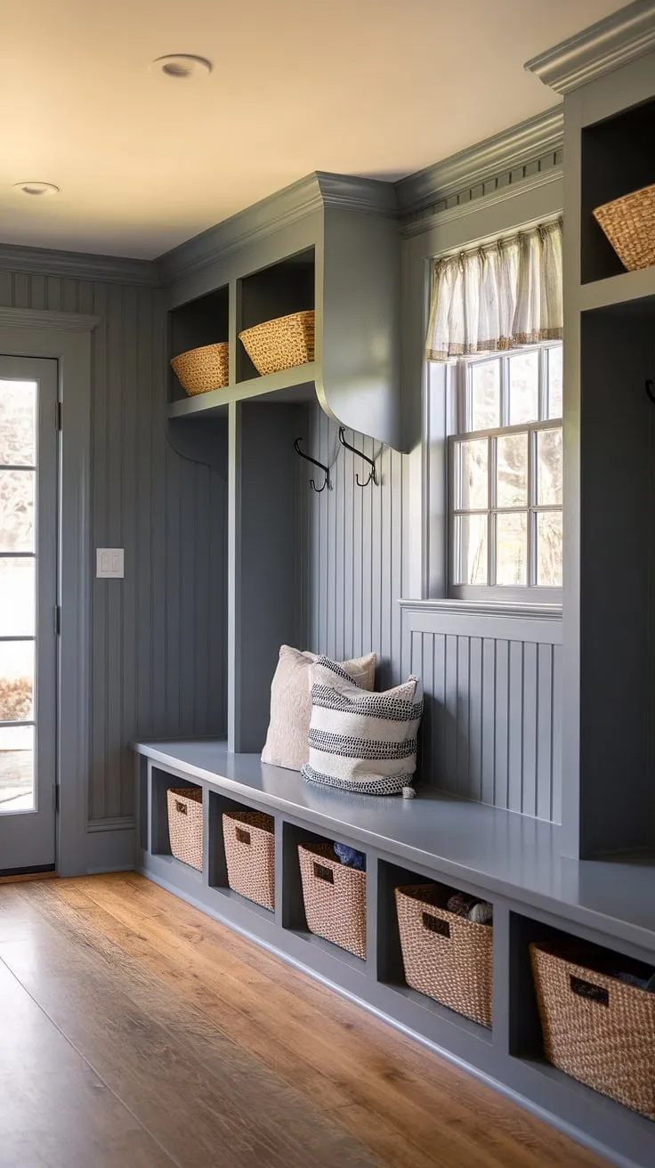 This gray mudroom is the epitome of cottage style.  Gray beadboard adds texture and warmth to this inviting mudroom entry, while thoughtful mudroom decor and smart mudroom storage solutions make it both beautiful and practical.  Plenty of mudroom ideas to inspire your own design.