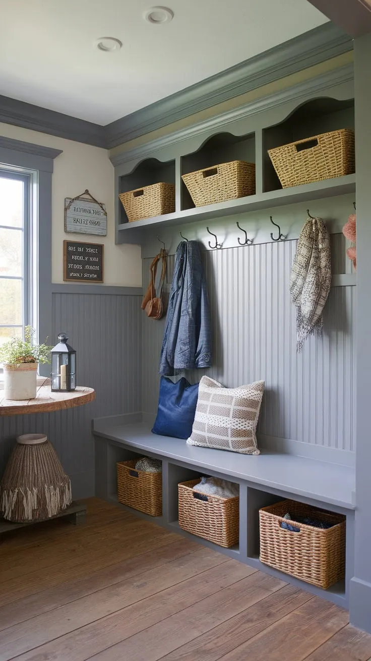 Step into this charming cottage mudroom, where gray beadboard walls and beadboard trim create a cozy and organized entryway.  The cottage style mudroom offers ample mudroom storage, showcasing clever mudroom ideas for a functional and stylish space.  This gray mudroom is the perfect blend of practicality and cottage charm.