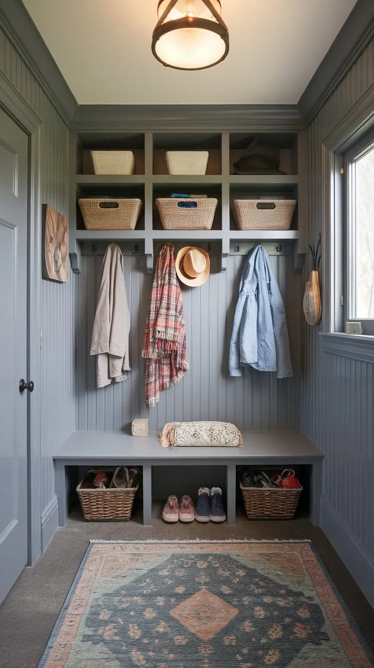 Step into this charming cottage mudroom, where gray beadboard walls and beadboard trim create a cozy and organized entryway.  The cottage style mudroom offers ample mudroom storage, showcasing clever mudroom ideas for a functional and stylish space.  This gray mudroom is the perfect blend of practicality and cottage charm.