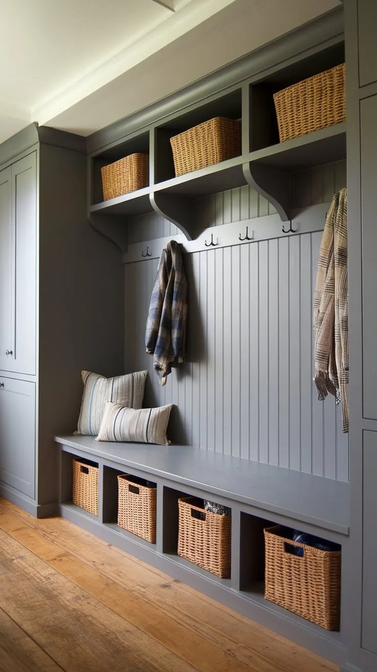 Step into this charming cottage mudroom, where gray beadboard walls and beadboard trim create a cozy and organized entryway.  The cottage style mudroom offers ample mudroom storage, showcasing clever mudroom ideas for a functional and stylish space.