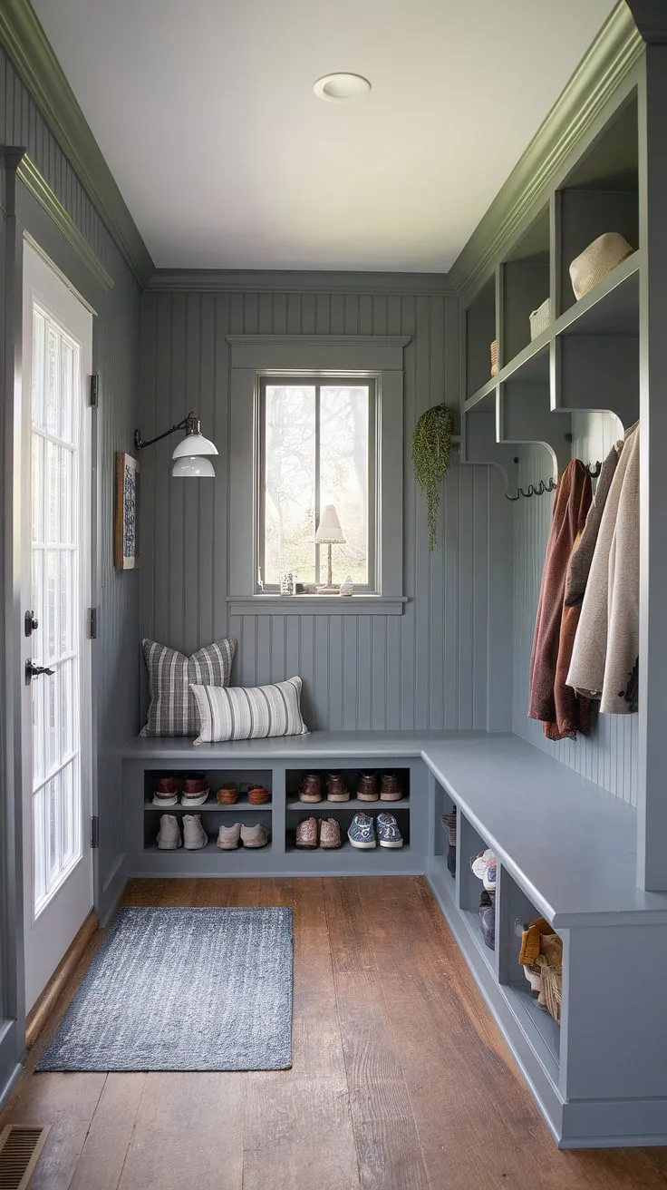 This cottage style mudroom is the epitome of rustic elegance.  Gray beadboard covers the walls, complemented by charming beadboard trim and a cozy bench.  Abundant mudroom storage keeps clutter at bay, making this gray mudroom a functional and inviting mudroom entry.  Get inspired by these mudroom ideas for your own cottage mudroom design.