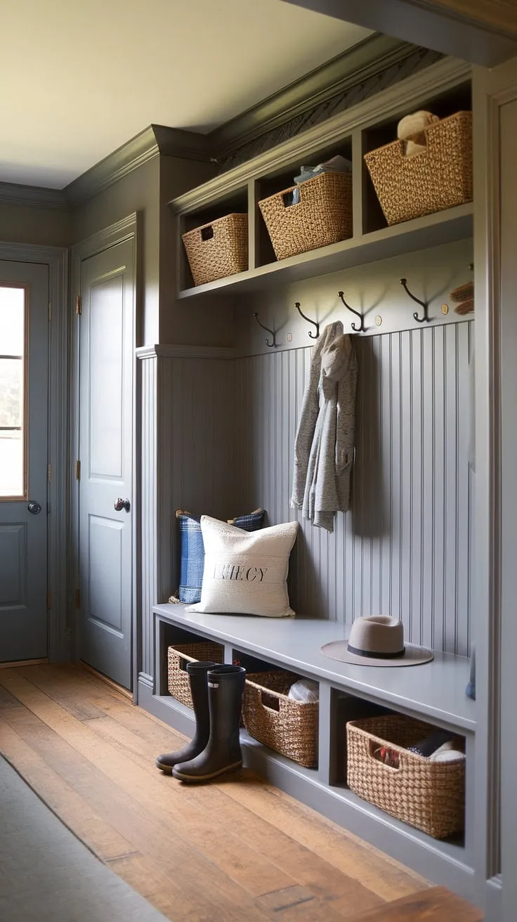 This cottage mudroom showcases the perfect blend of functionality and charm.  Gray beadboard walls and warm wood floors create a welcoming mudroom entry.  With clever mudroom storage solutions like the bench and coat rack, this gray mudroom is a testament to thoughtful mudroom decor.  Get inspired by these mudroom ideas for your own home.