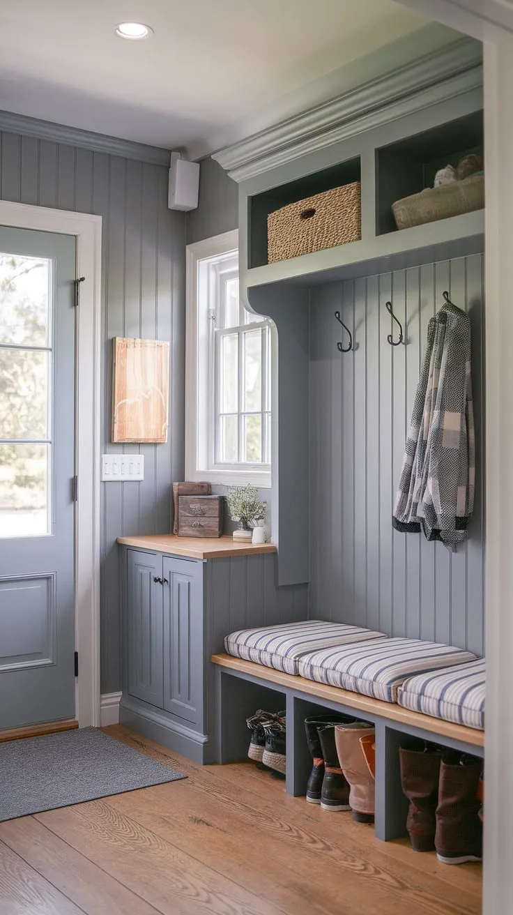 This gray mudroom is the epitome of cottage style.  Gray beadboard adds texture and warmth to this inviting mudroom entry, while thoughtful mudroom decor and smart mudroom storage solutions make it both beautiful and practical.