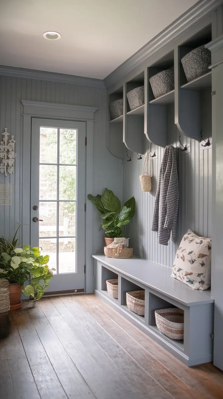 Step into this charming cottage mudroom, where gray beadboard walls and beadboard trim create a cozy and organized entryway.  The cottage style mudroom offers ample mudroom storage, showcasing clever mudroom ideas for a functional and stylish space.