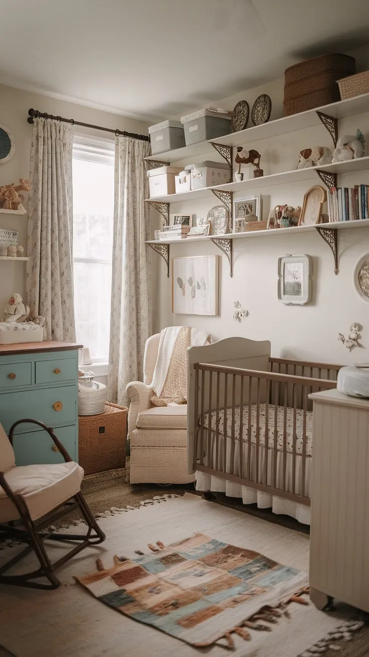A charming cottage nursery blends vintage style and playful functionality, offering a cozy space for both sleep and imaginative play.