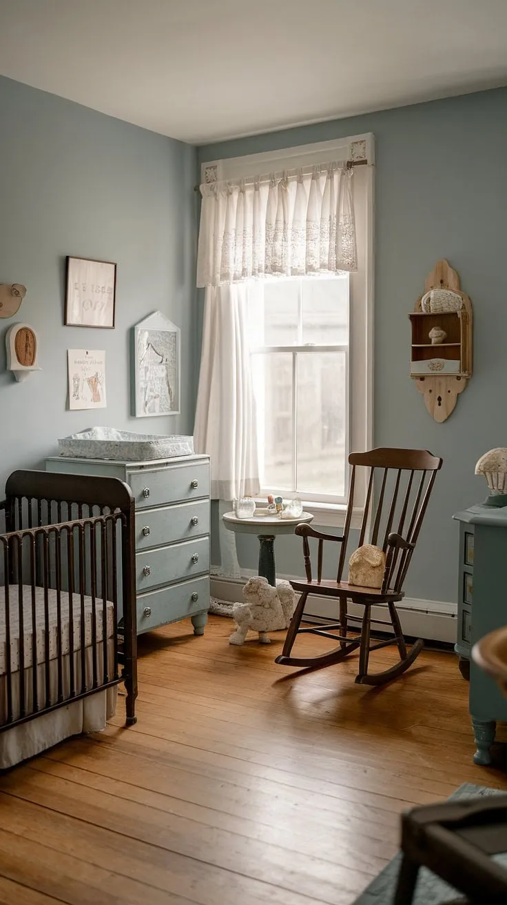 A soft blue cottage-style nursery evokes a sense of vintage charm with antique crib, dresser, and rocking chair
