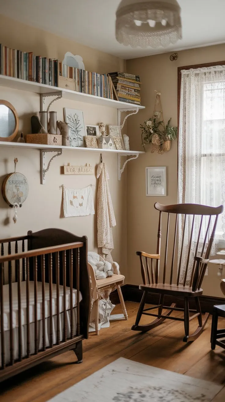 A charming antique-style cottage nursery evokes a vintage feel with thrifted decor and wooden accents