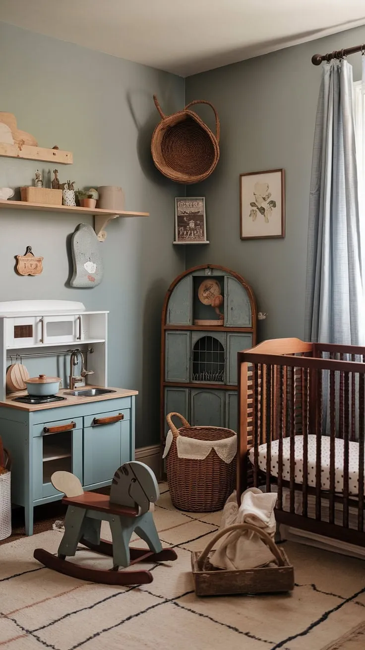 A charming cottage nursery evokes a sense of vintage tranquility with thrifted decor and soft blue walls