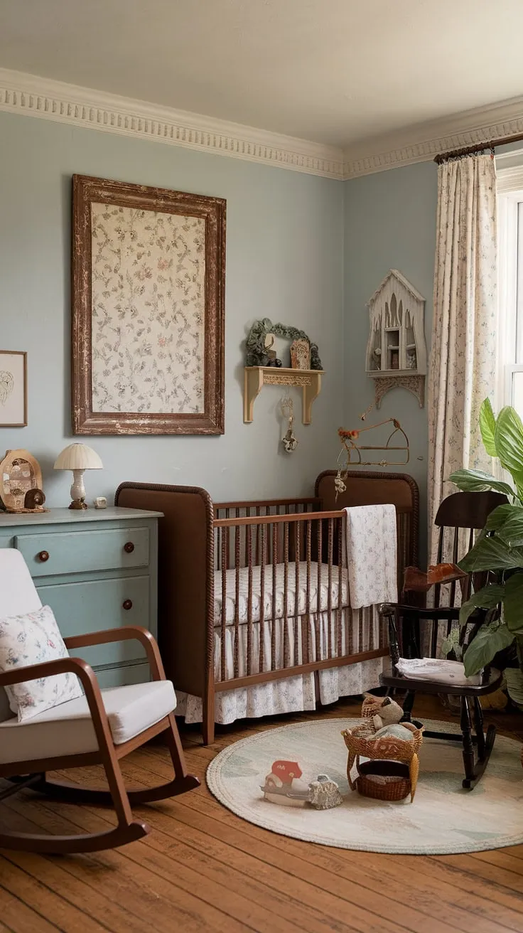 A charming cottage-style nursery evokes tranquility with floral accents and a dedicated play area