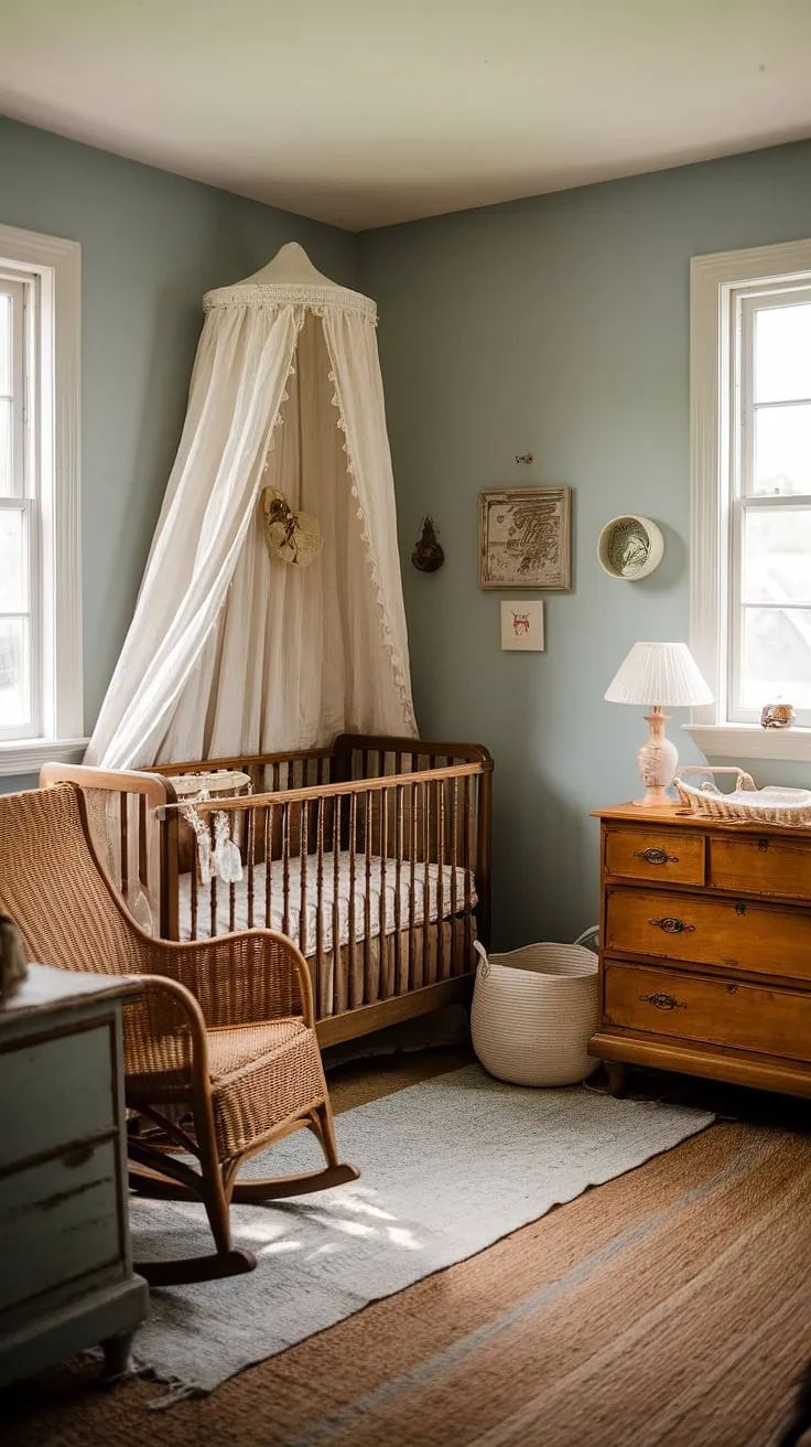 A charming antique nursery evokes a warm cottage feel with its vintage crib, wicker rocker, and soft blue walls