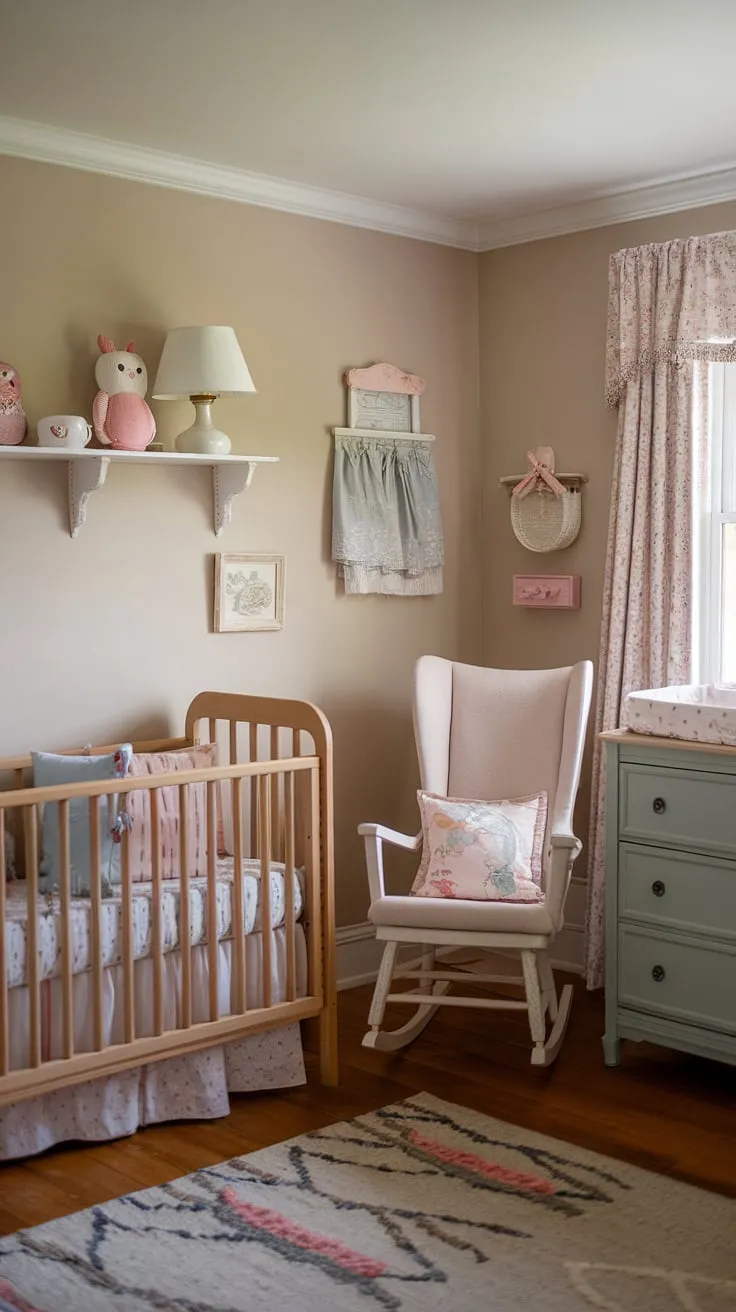 Beige walls and wooden floors create a peaceful haven in this exquisitely decorated baby's room.