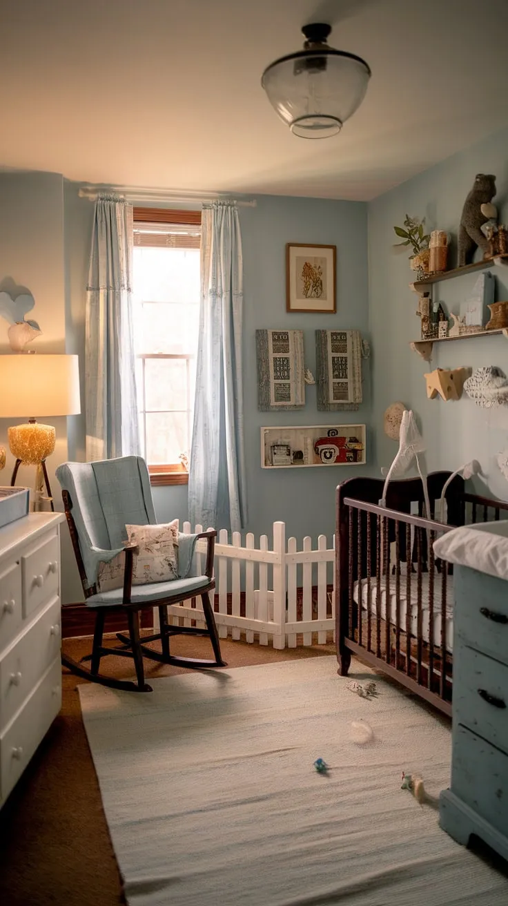 A charming cottage nursery, complete with thrifted decor and a vintage feel, offers a peaceful haven for a new arrival.