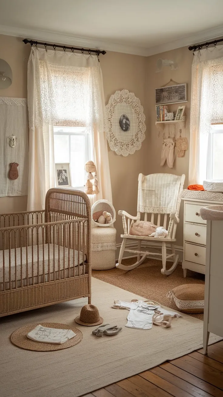 A beige wicker crib and delicate lace accents define this idyllic baby's room