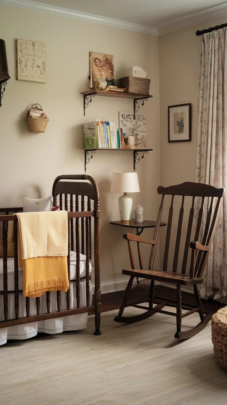 Elegant cottage-style nursery evokes a sense of calm and warmth.