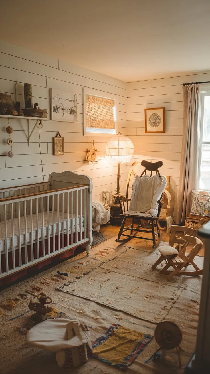 A charming cottage nursery evokes a vintage feel with thrifted decor, shiplap walls, and warm lighting.