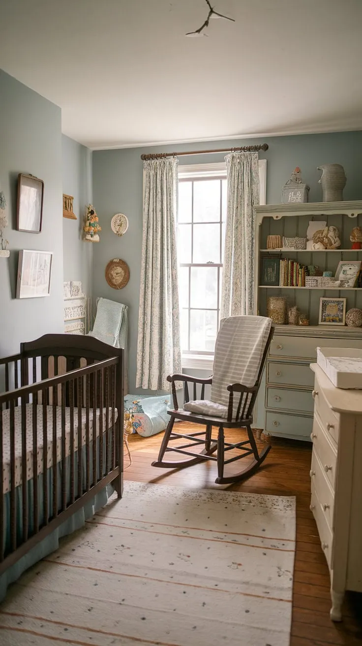 Elegant thrifted decor transforms a soft blue cottage nursery into a charming and functional space for a new arrival.