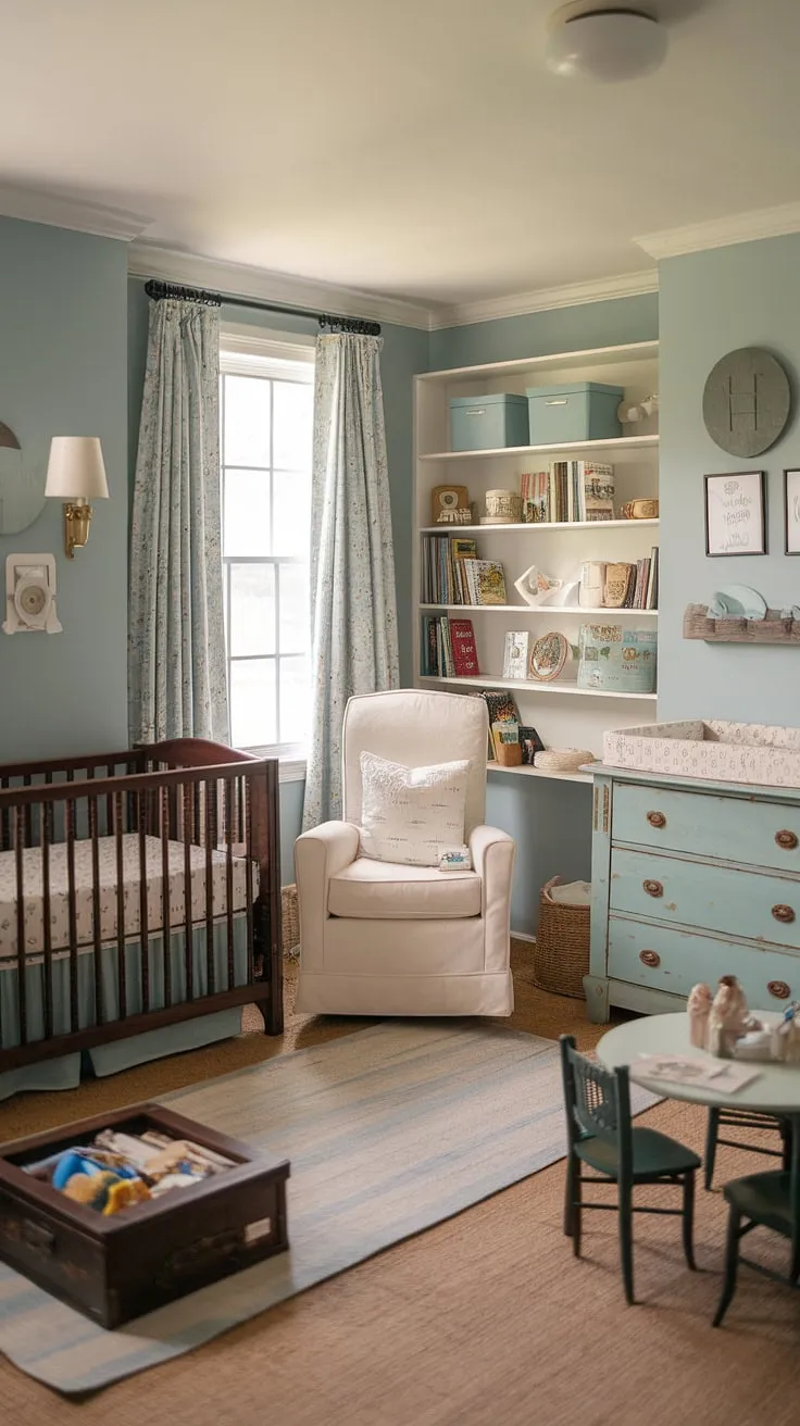 A charming cottage nursery, styled with thrifted antiques and soft blue walls, blends sleeping and playtime areas for a cozy, functional space.
