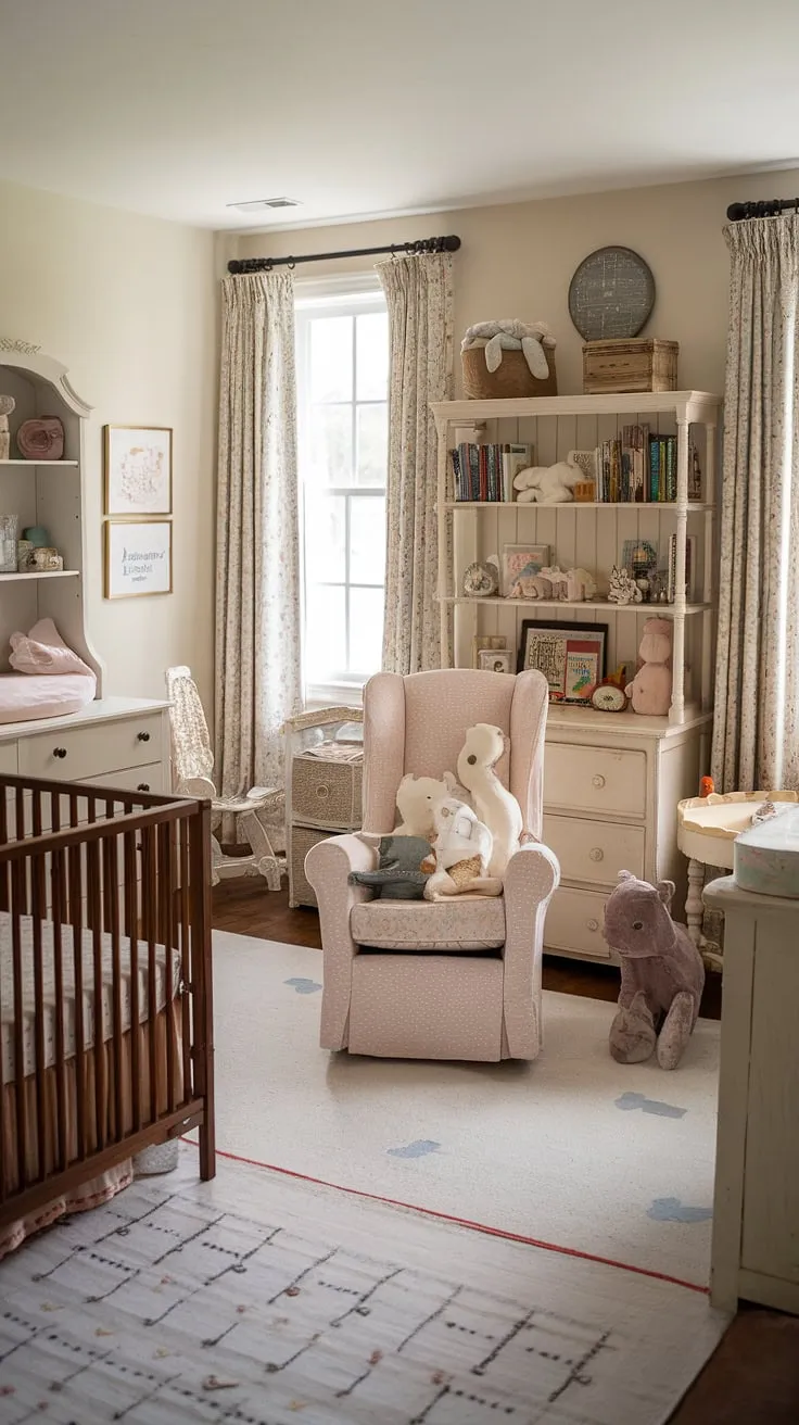 A charming cottage-style nursery, filled with thrifted antiques and a playful vintage feel, creates a cozy haven for a little one.