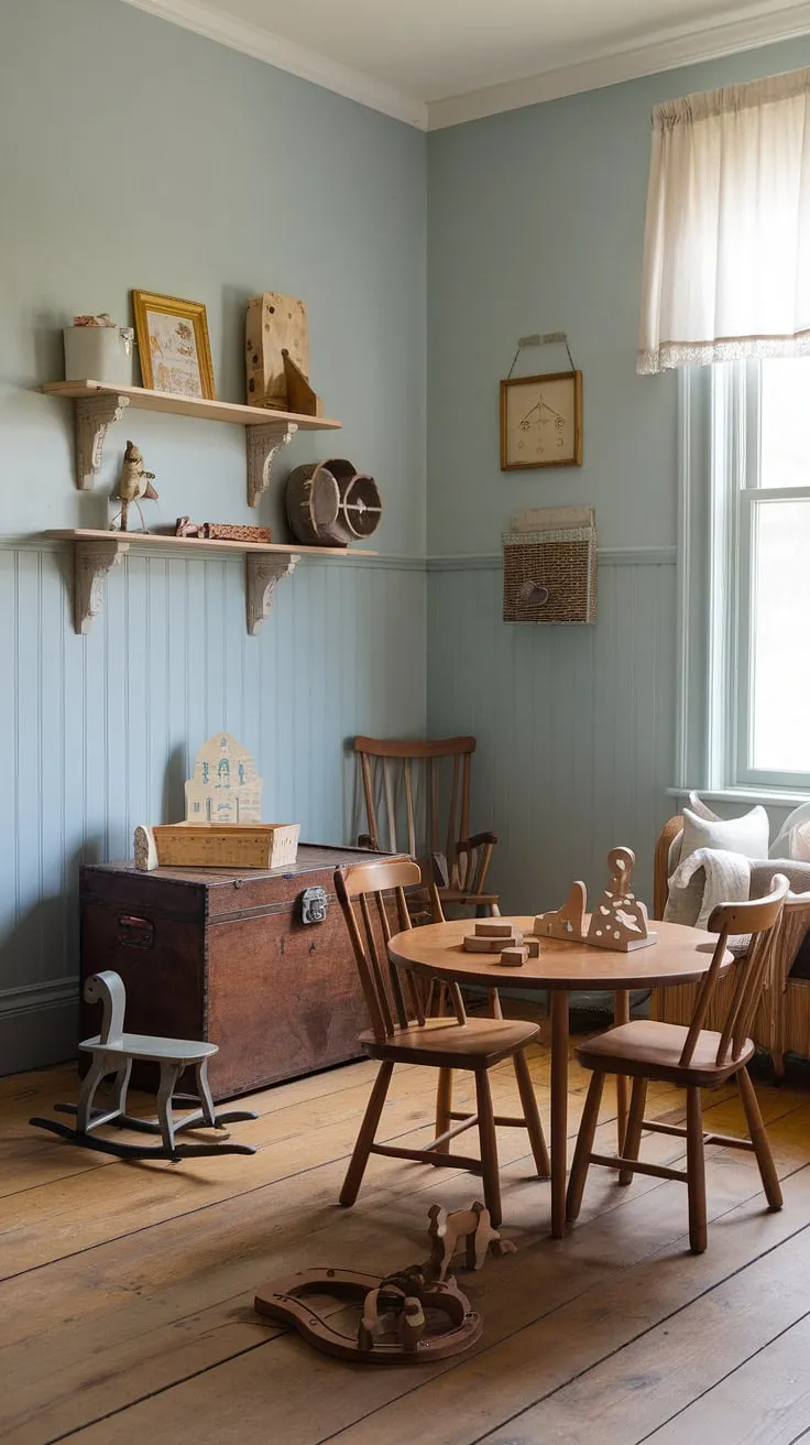A charming cottage nursery combines vintage and antique furniture with thrifted toys in a soft blue playroom.