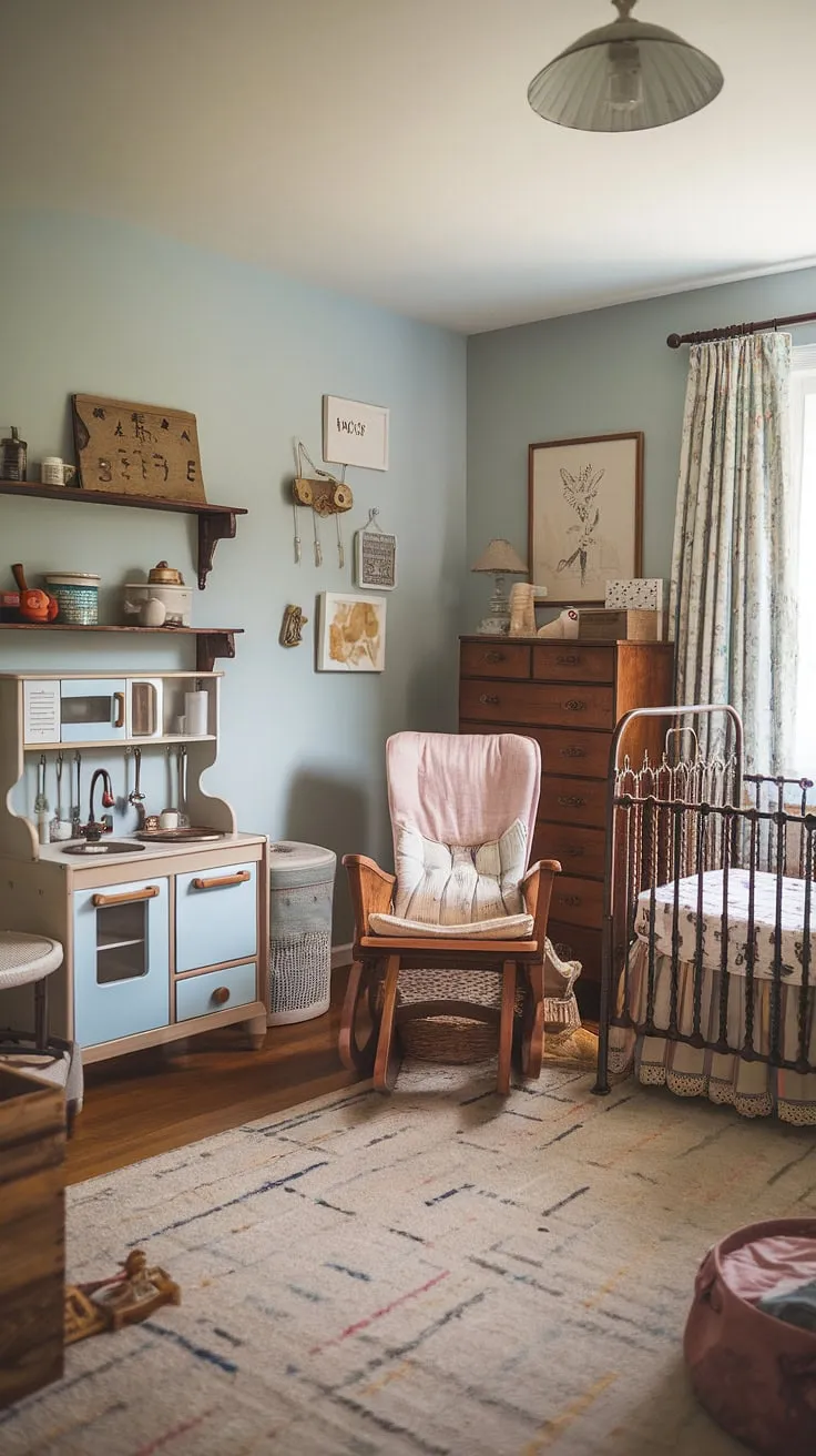 A charming, soft blue cottage nursery blends antique crib, rocking chair, and play kitchen for a vintage-inspired playroom and sleeping space.