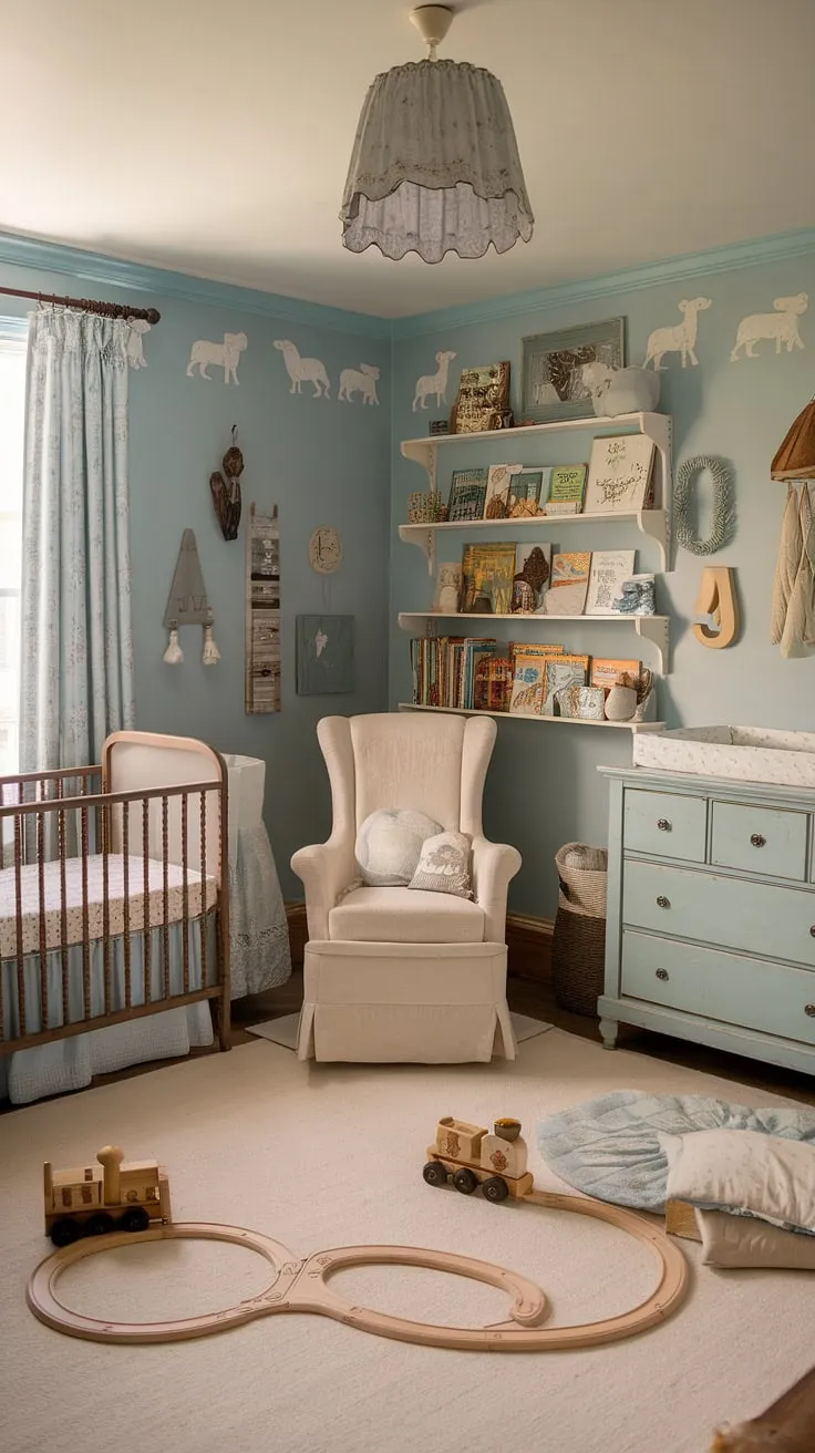 A charming cottage nursery blends antique furniture with thrifted decor creating a whimsical space for a child's play and rest