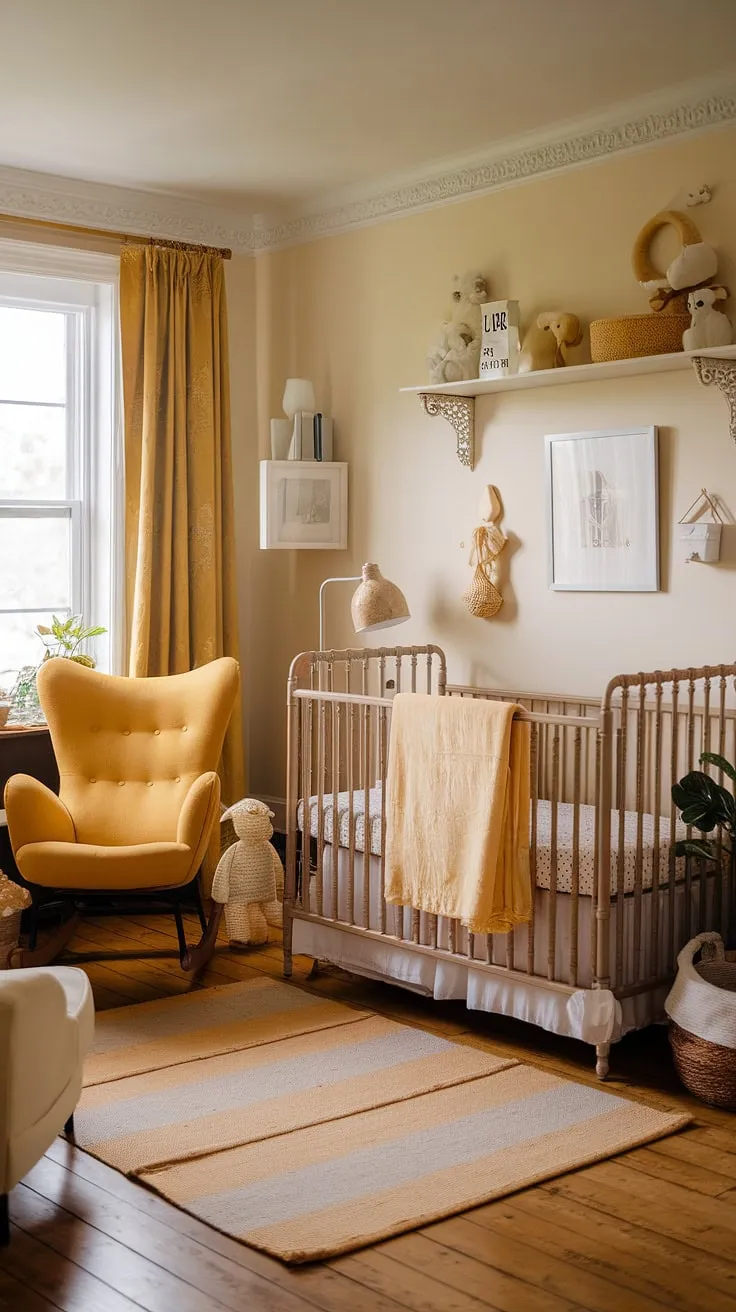 A charming cottage nursery evokes a sense of calm with its soft yellow accents, vintage details, and cozy wooden floor.