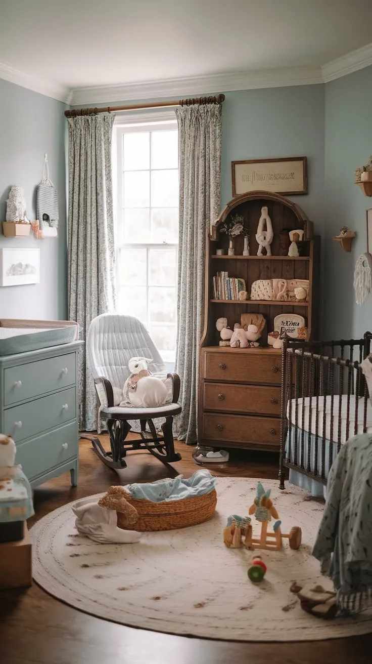 A charming light blue cottage nursery blends antique style furniture with thrifted decor and a playful playroom area