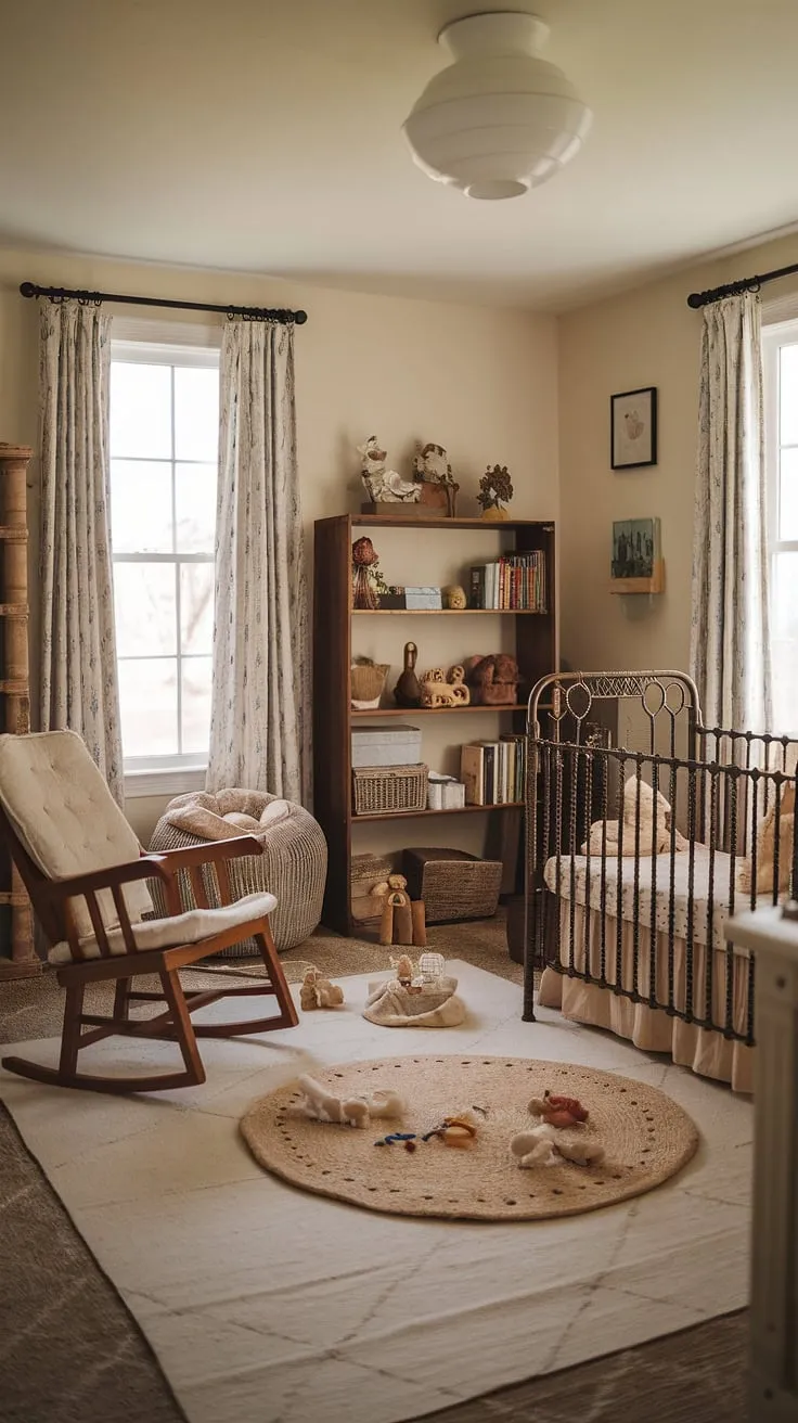 Warm soft lighting enhances the charming ambiance of a thrifted cottage nursery featuring antique furniture and a playful space.